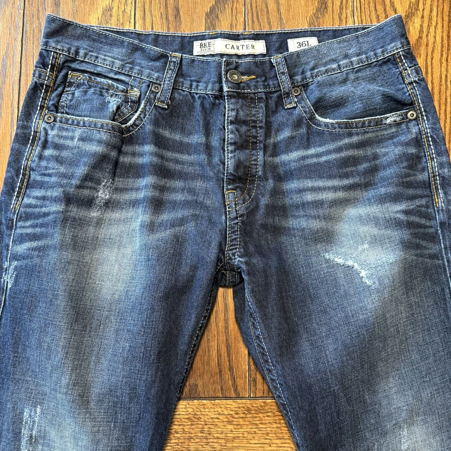 Vintage BKE Carter Jeans 35x33 Dark Wash Blue Denim Distressed Thick Stitch Straight Regular Mens Jeans Size US 28 / EU 44 - 3 Thumbnail