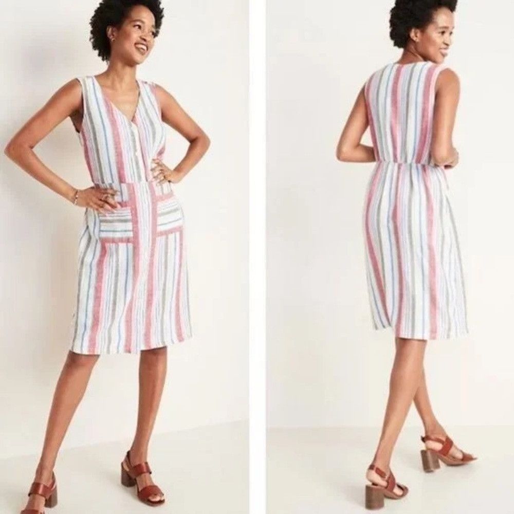 Old Navy Old Navy Linen Blend Button Dress Medium Stripe Sleeveless Size M / US 6-8 / IT 42-44 - 1 Thumbnail
