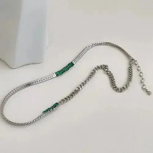 Japanese Brand Green Stone Chrome Chain Silver Goth God Vibe Necklace Size ONE SIZE - 1 Thumbnail