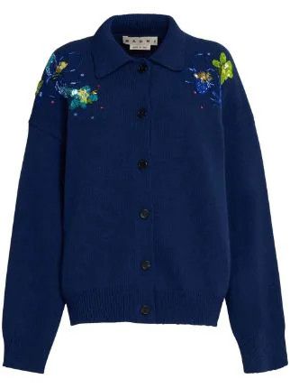 image of Marni O1W1Db10524 Floral Embroidered Cardigan In Blue, Women's (Size XL)