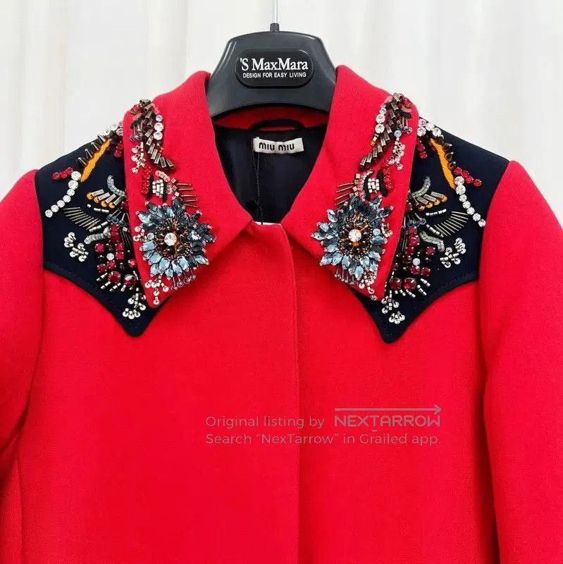 Miu Miu Miu Miu Red Wool Embroidered Long Coat . Size L / US 10 / IT 46 - 3 Thumbnail