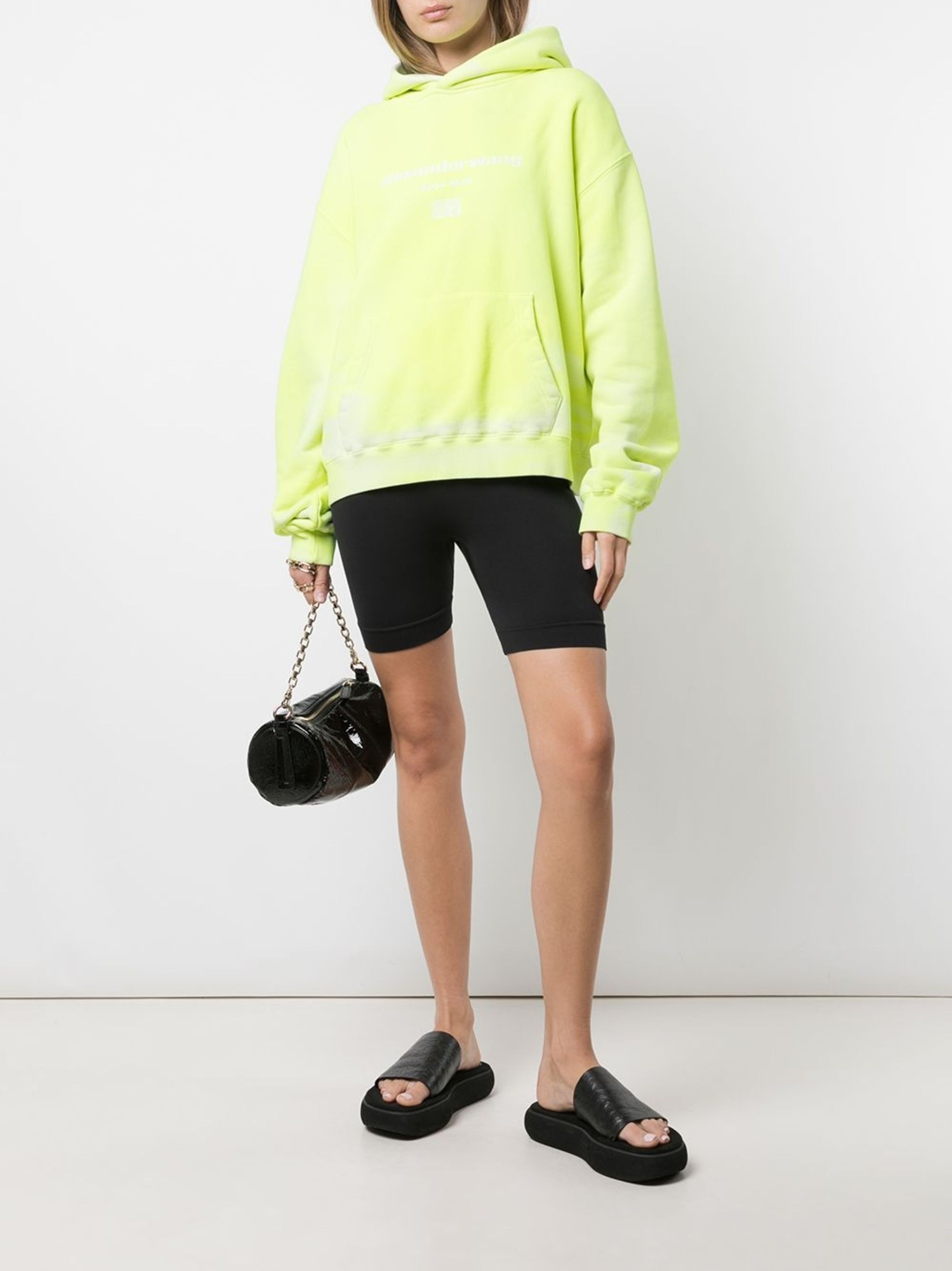 image of Alexander Wang Fluorescent Yellow Dyed Logo Print Oversized Hoodie, Women's (Size XL)