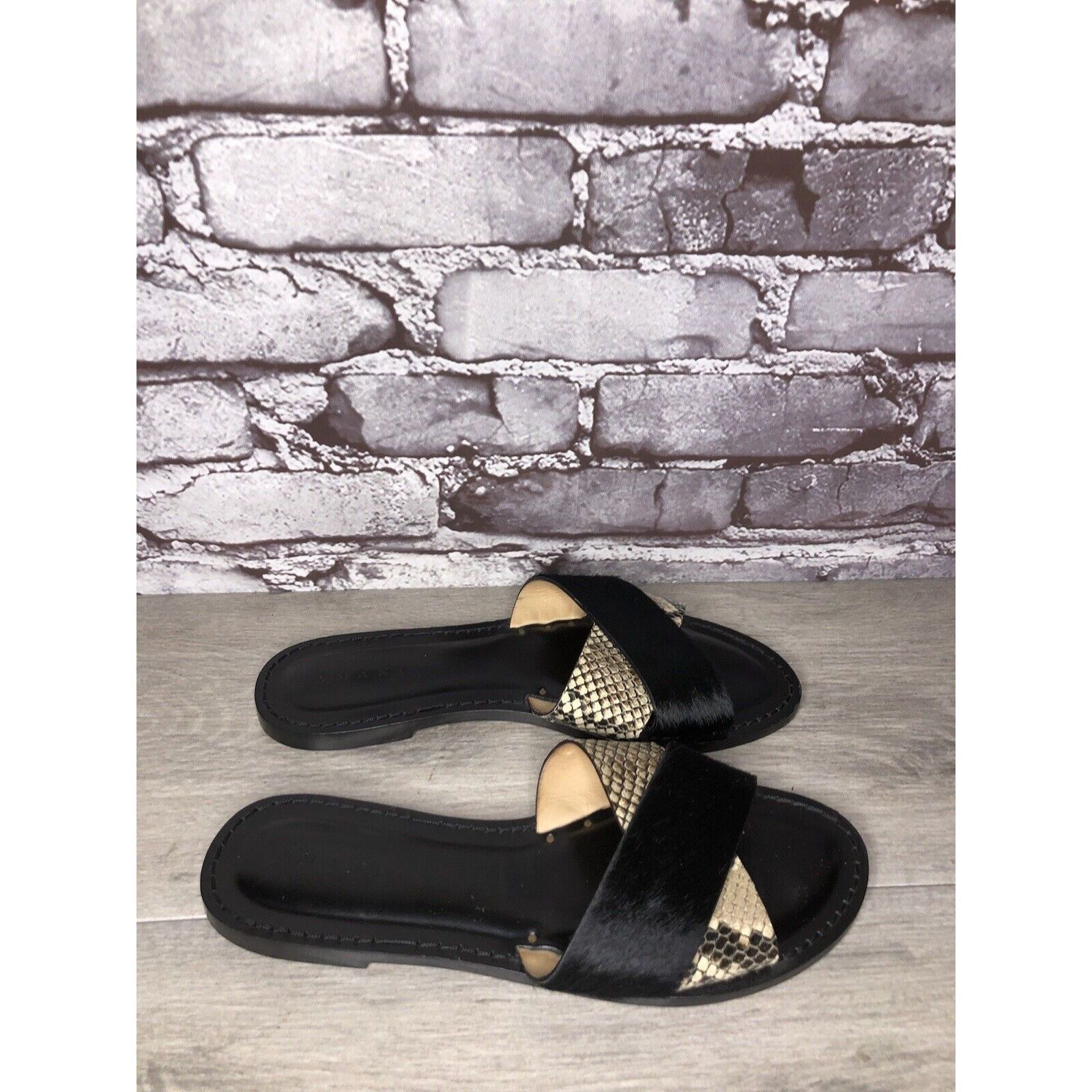 Other Amanu Black Calf Hair Leather Python Cross Strap Slides Sand Size US 9 / IT 39 - 11 Thumbnail