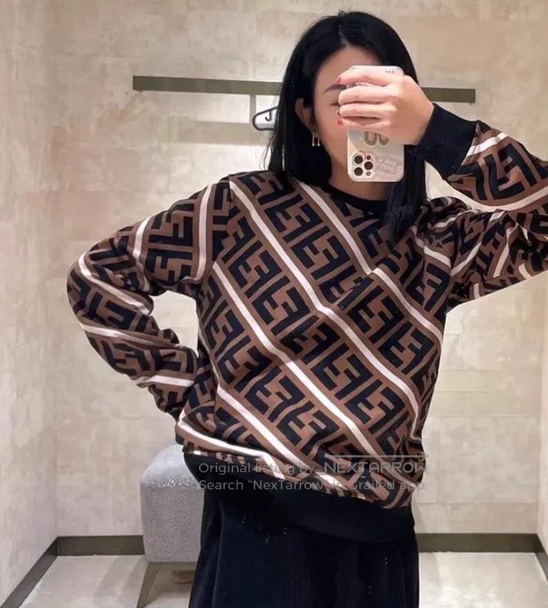 Fendi Fendi Dark Brown Logo Monogram Printed Cotton Crew Neck Lo Size S / US 4 / IT 40 - 7 Thumbnail