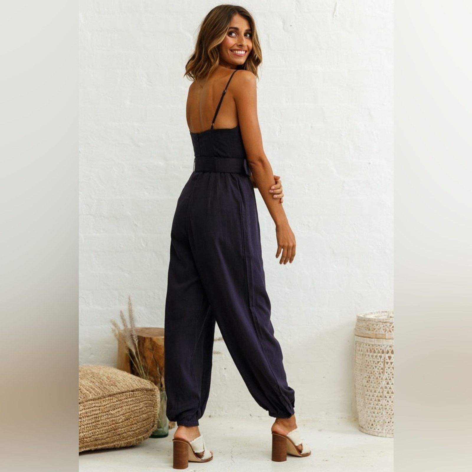 Other Here Comes The Sun CUFFED HEM BELTED JUMPSUIT NAVY XS Size 26" / US 2 / IT 38 - 5 Thumbnail