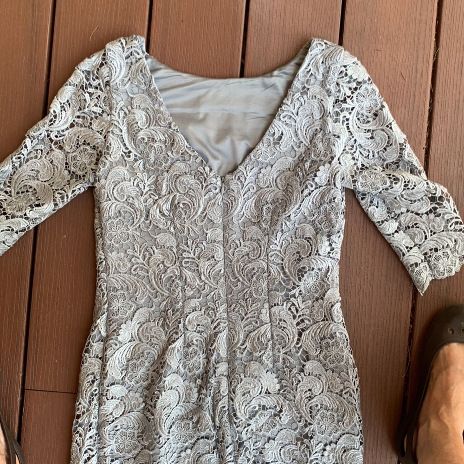 Eliza J. gray silver lace overlay 3/4 sleeves cocktail dress