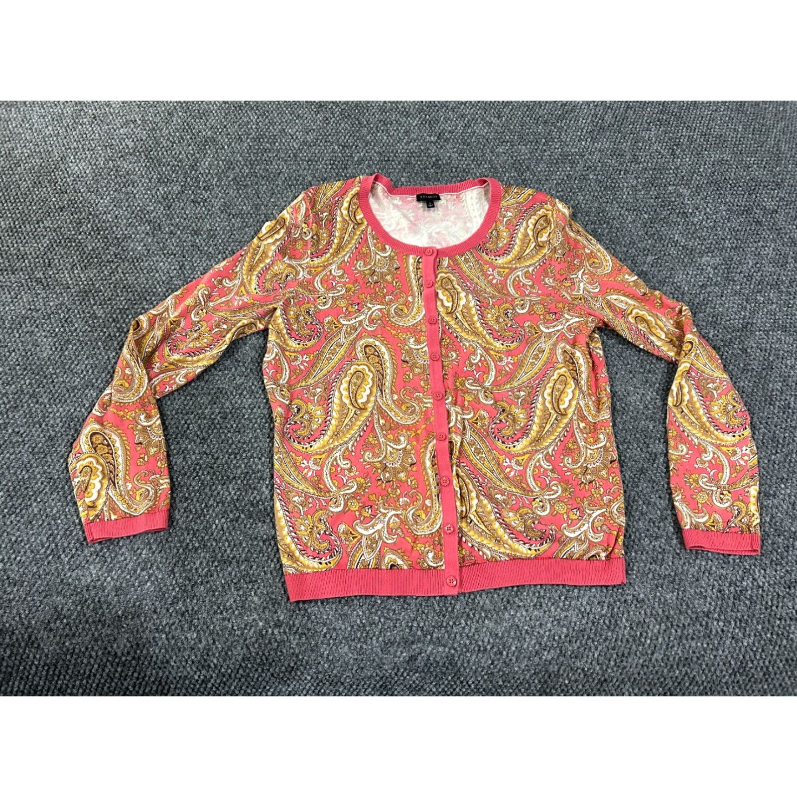 Talbots Talbots Cardigan Womens Large Pink Paisley Button Front Long Sleeve Lightweight Crew Neck Knit Cotton Regular Fit Size L / US 10 / IT 46 - 2 Thumbnail