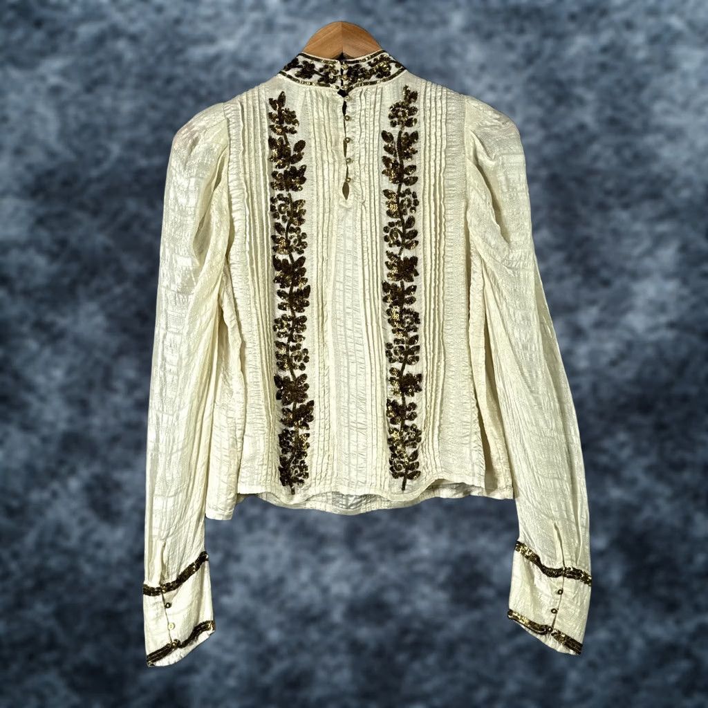 Ulla Johnson Ulla Johnson Blouse Womens Small Silk Viscose Cotton Embroidered Sequin Floral Puff Sleeve High Neck Ivory Vintage Bohemian Top Size S / US 4 / IT 40 - 1 Thumbnail