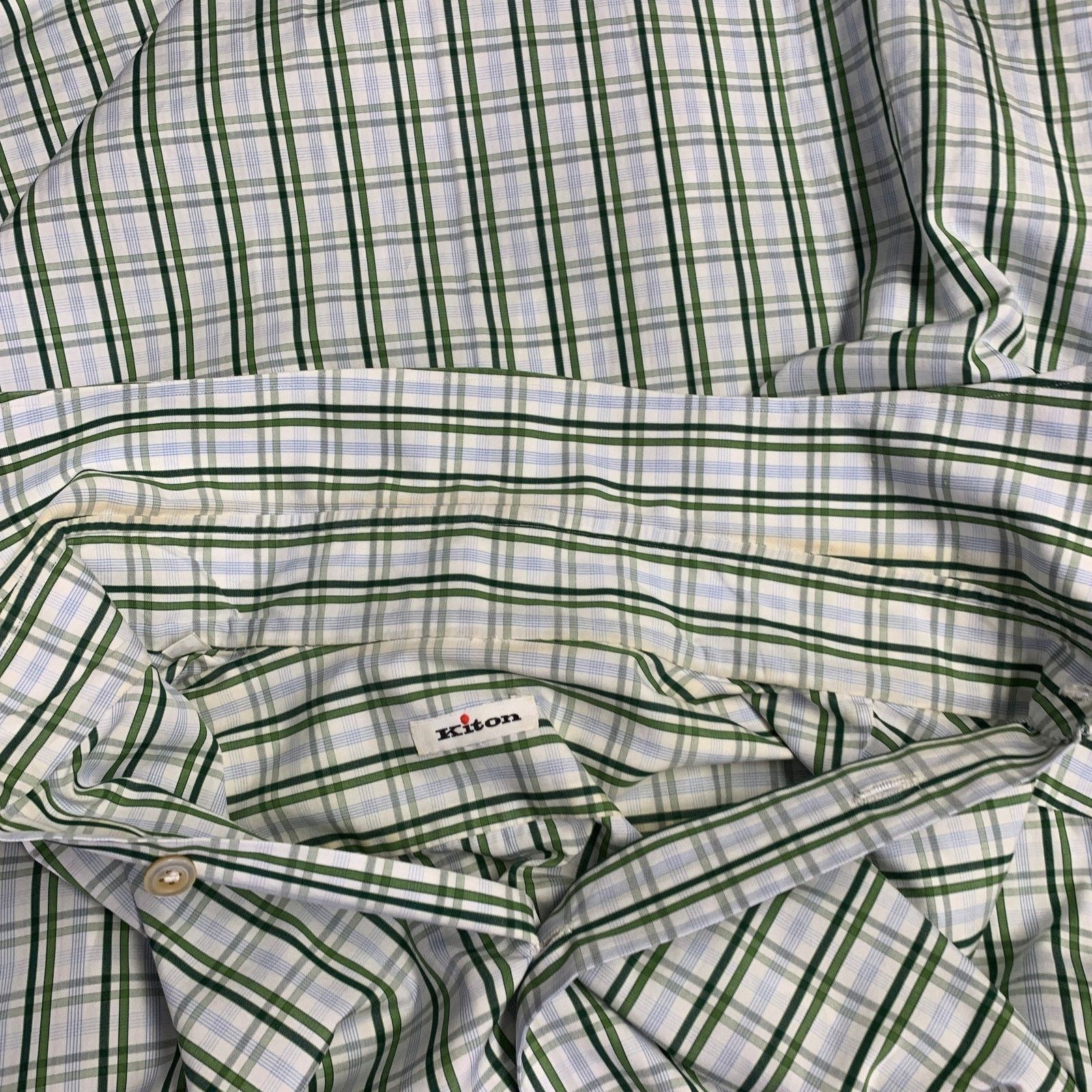 Kiton White Green Plaid Cotton Curved Cutaway Long Sleeve Shirt Size US M / EU 48-50 / 2 - 5 Thumbnail