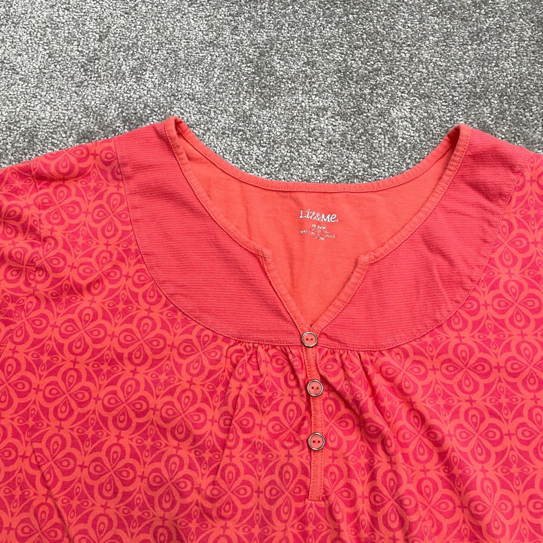 Vintage Liz & Me Plus Size Blouse 26/28W Orange Geometric Short Sleeve Casual Top Womens Size 4XL / US 24-26 - 3 Thumbnail