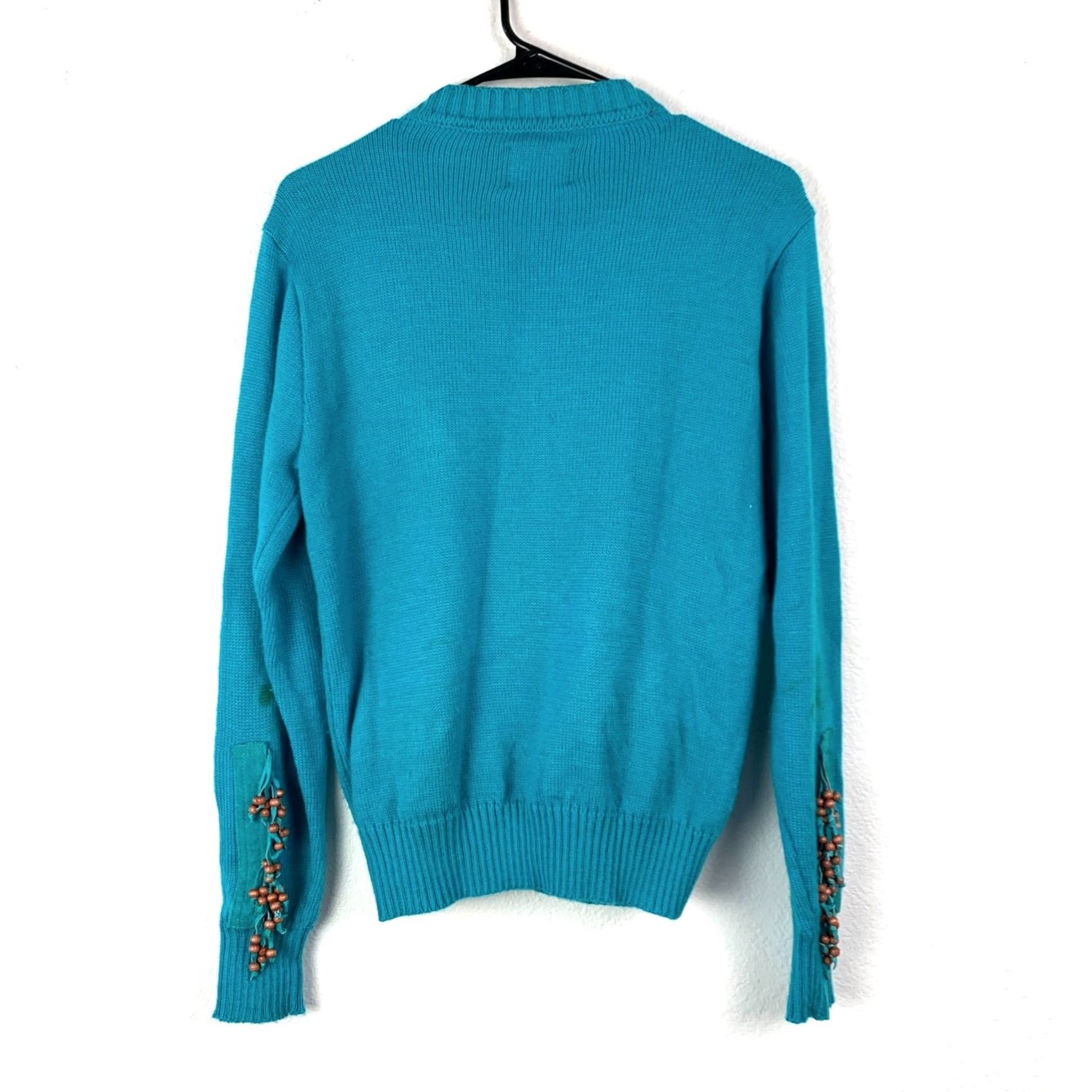 Vintage VINTAGE Miller V-Neck Fringe Western Beaded Suede Sweater Mens Womens L Teal Blue Knit Pullover Fringe 100% Acrylic and Suede Accent Size L / US 10 / IT 46 - 5 Thumbnail