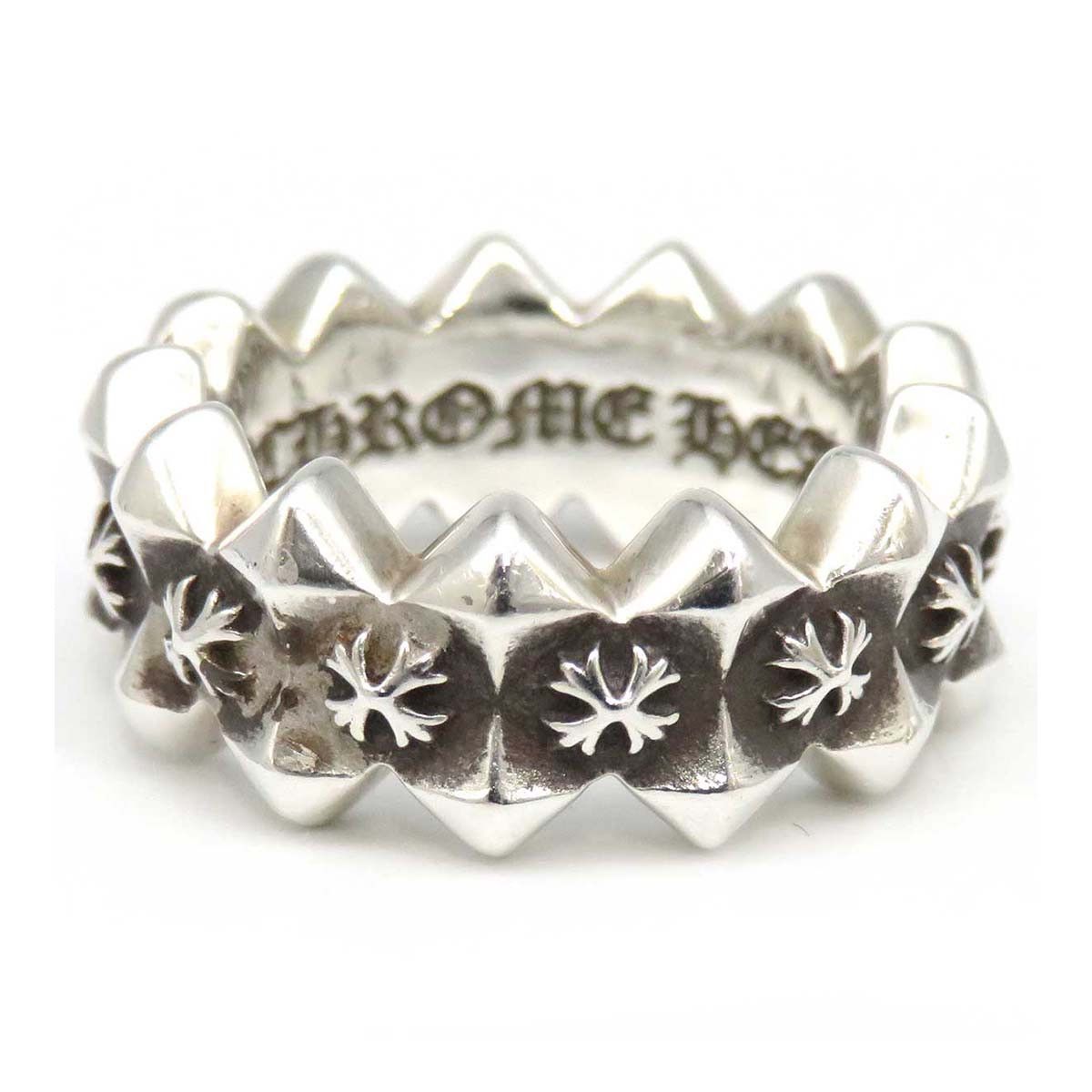 image of Chrome Hearts Pyramid Plus Band Ring - Size 4 in Silver, Men's