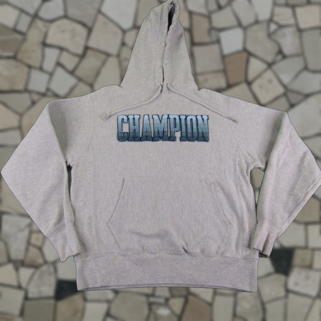 Champion VINTAGE Champion Hoodie Mens Medium Gray Blue Spell Out Reverse Weave Pullover Sweater Size US M / EU 48-50 / 2 - 1 Thumbnail