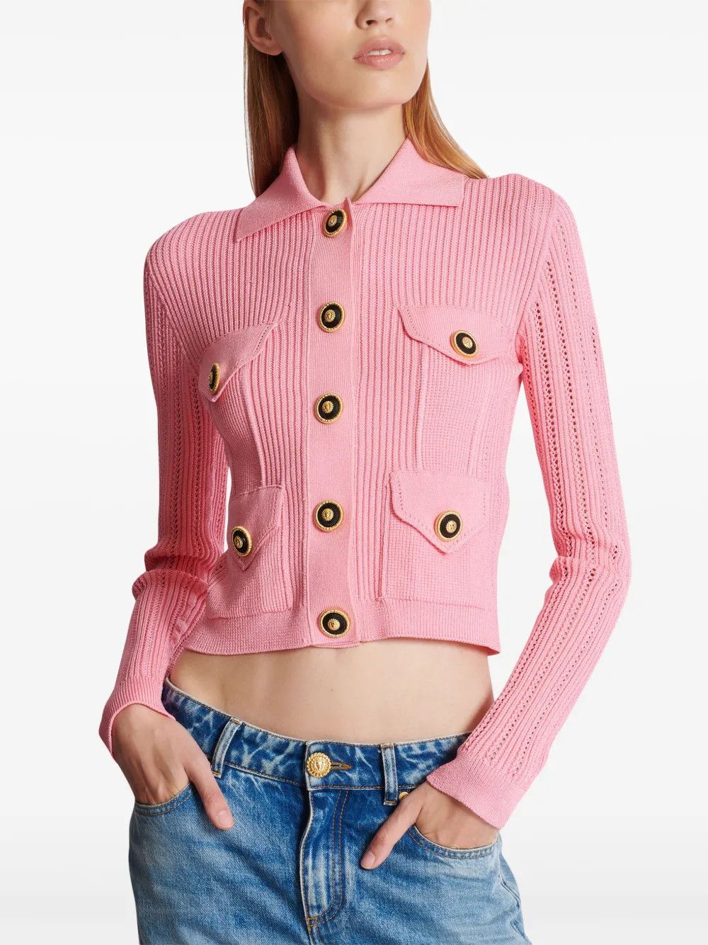 Balmain o1s1wg111225 Logo Embroidered Knit Cardigan in Pink Size M / US 6-8 / IT 42-44 - 3 Thumbnail