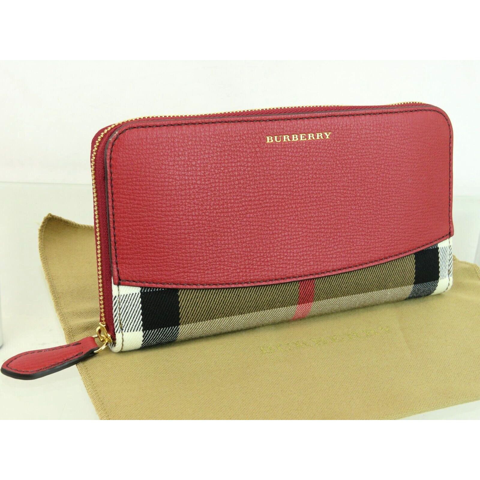 image of Burberry Elmore Red Leather Check Zip Logo Clutch Continental Wallet, Women's