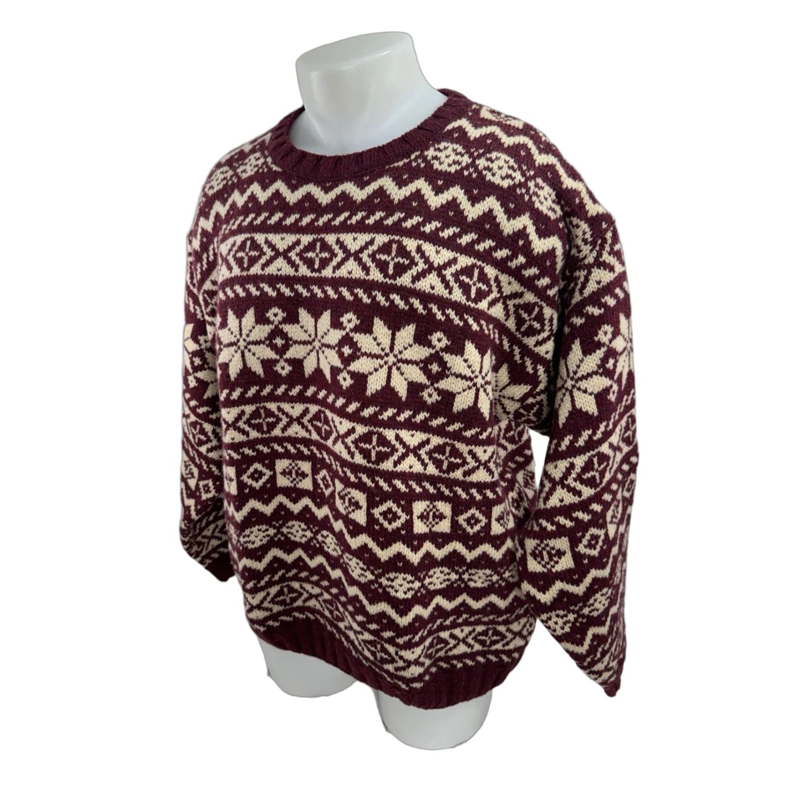Vintage L.L. Bean Sweater Mens L Wool Oversized Maroon / Beige Pullover Knit Knit Heavy New Zealand Wool Scotland Size US L / EU 52-54 / 3 - 1 Thumbnail