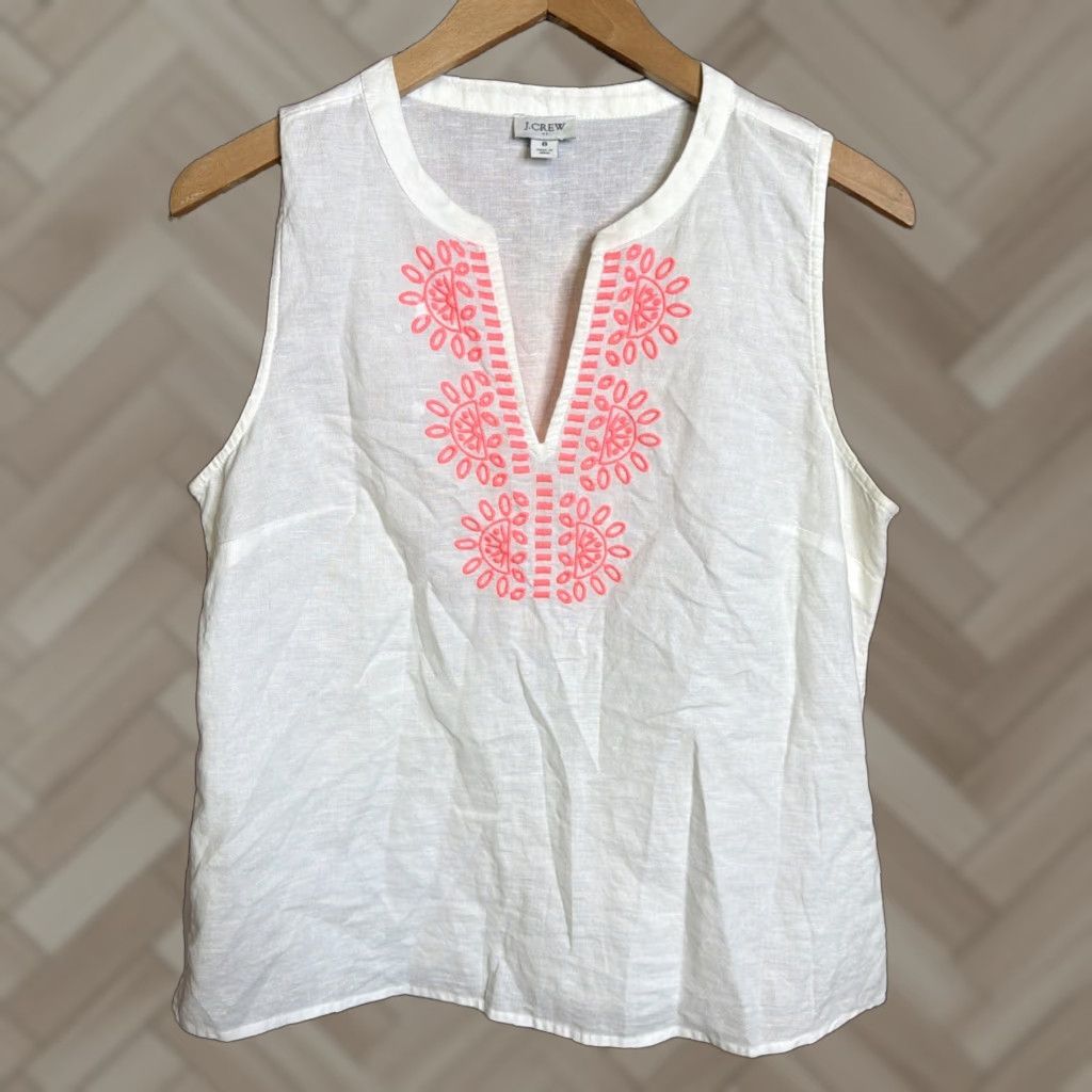 J.Crew J. Crew Embroidered Tank Top Size 8 White Linen Cotton Boho Sleeveless Shirt Womens Regular Comfortable Lightweight Summer Vintage: No Size M / US 6-8 / IT 42-44 - 1 Thumbnail