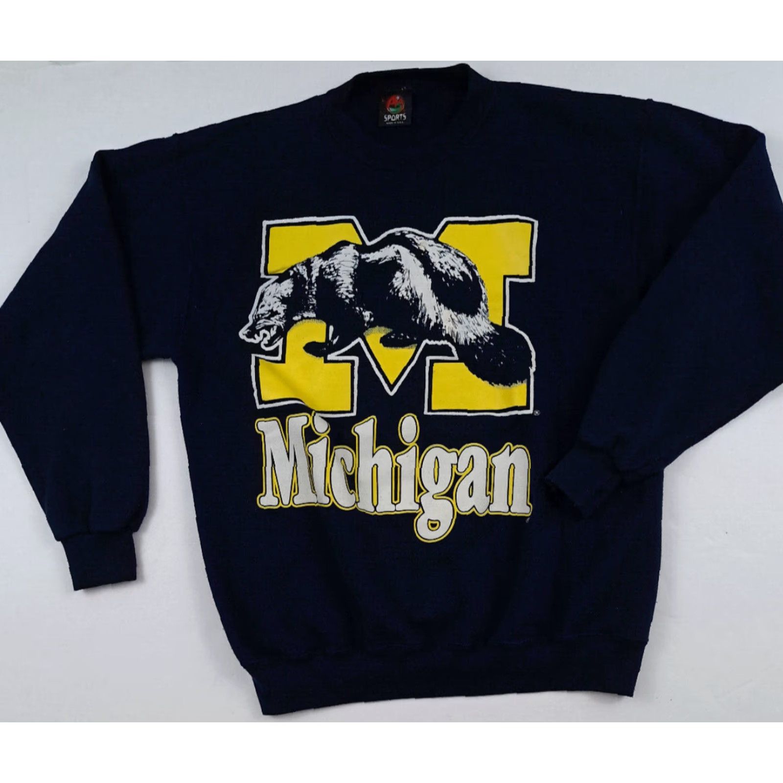 Vintage VINTAGE Michigan Wolverines Sweatshirt PM Sports Unisex Adults Crew Neck Long Sleeve Pullover Blue Cotton Canvas Logo Graphic Print Size LG/L Size US L / EU 52-54 / 3 - 3 Thumbnail