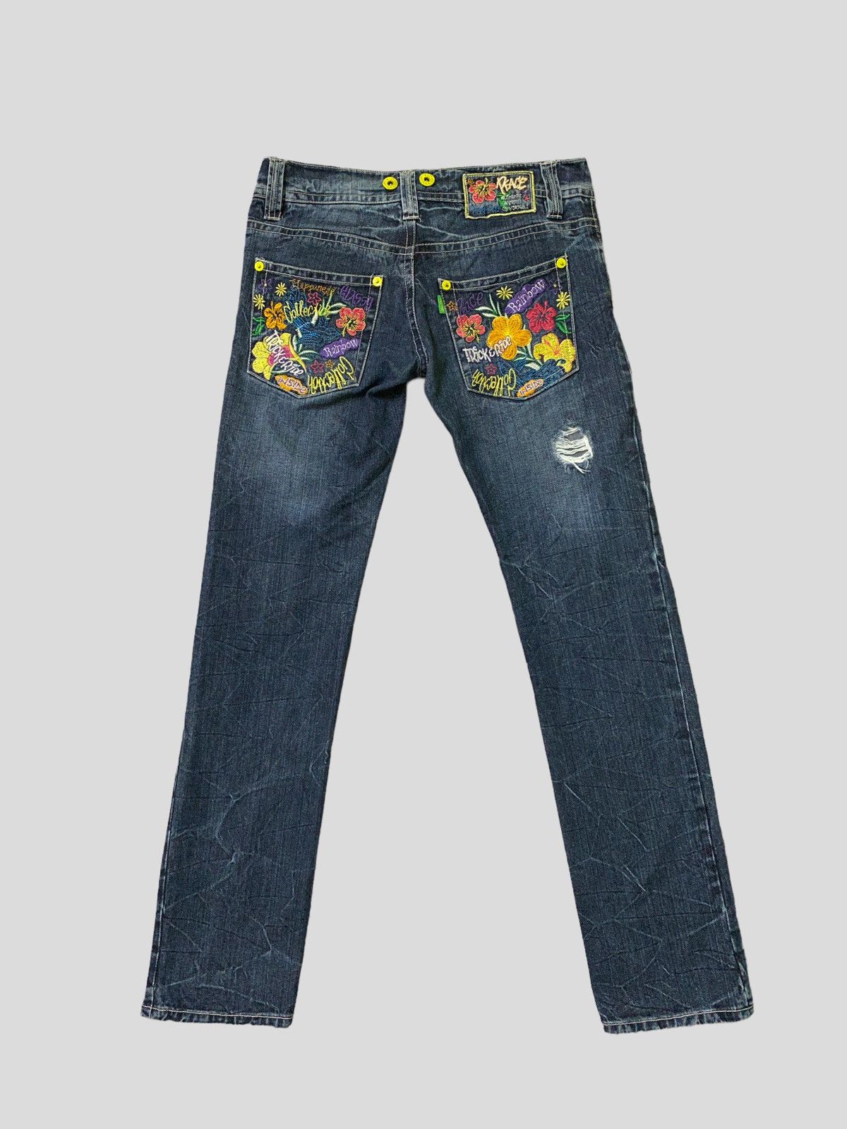 image of Vintage Distress Denim Hapipiness Embroidery Design in Blue, Men's (Size 30)