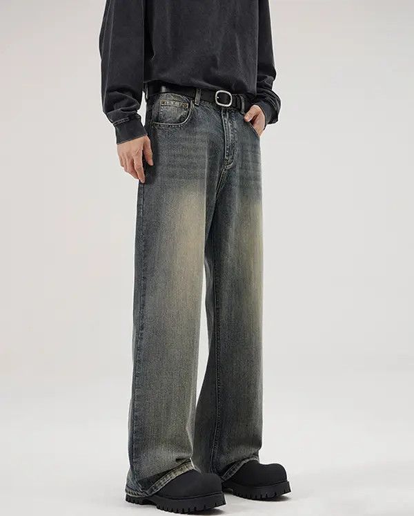 Japanese Brand Kubo Men's washed distressed loose wide-leg baggy jeans Size US 32 / EU 48 - 3 Thumbnail