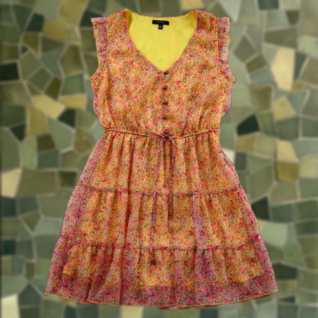 Vintage NWT City Studio Day Pink Yellow Floral Cap Sleeve Sheath Sun Dress Medium Size M / US 6-8 / IT 42-44 - 1 Thumbnail