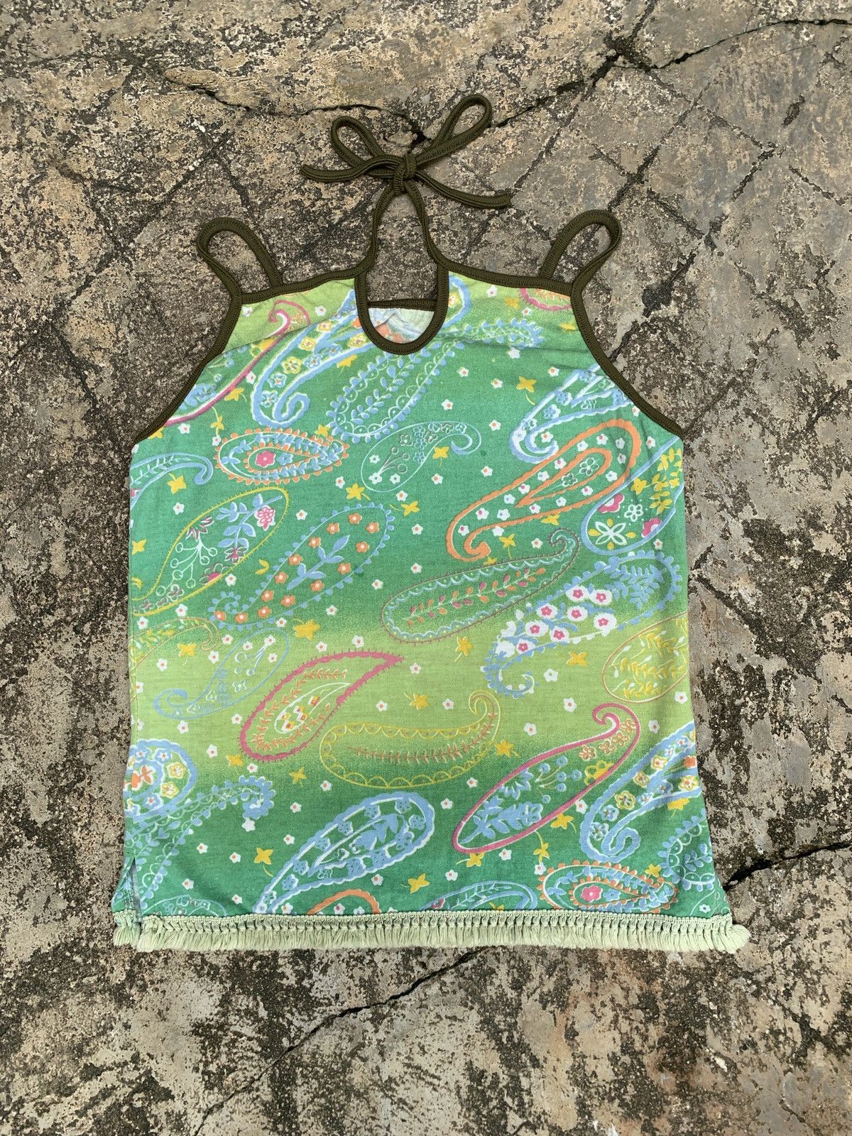 Japanese Brand y2k Green Floral Paisley Graphic Cross Neck Tank Top Size S / US 4 / IT 40 - 1 Thumbnail