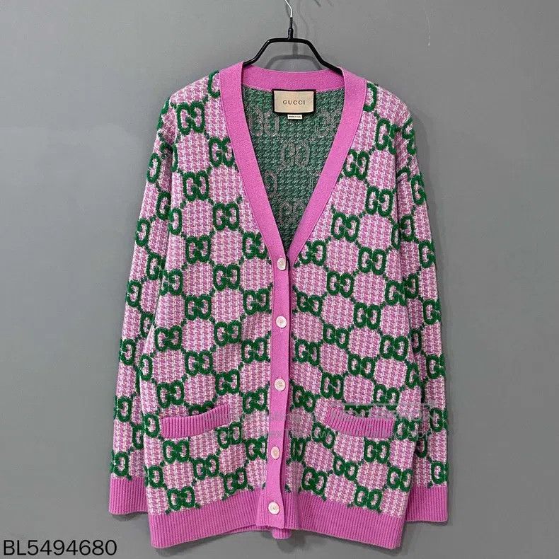 Gucci Gucci Pink and green colour block full logo knitted cardig Size M / US 6-8 / IT 42-44 - 2 Thumbnail