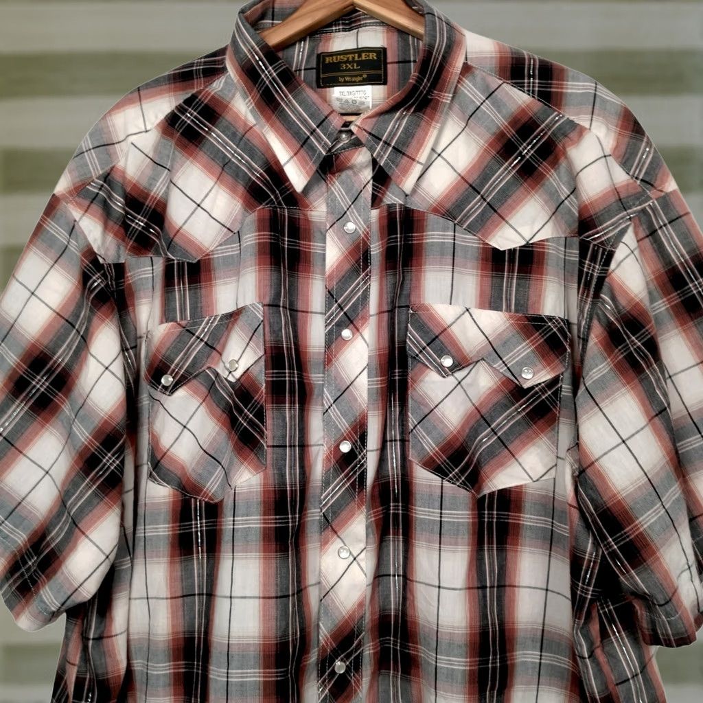 Vintage Rustler Shirt Men 3XL Brown Plaid Pearl Snap Western Sawtooth Cowboy Button-Up Short Sleeve Size US XXL / EU 58 / 5 - 1 Thumbnail