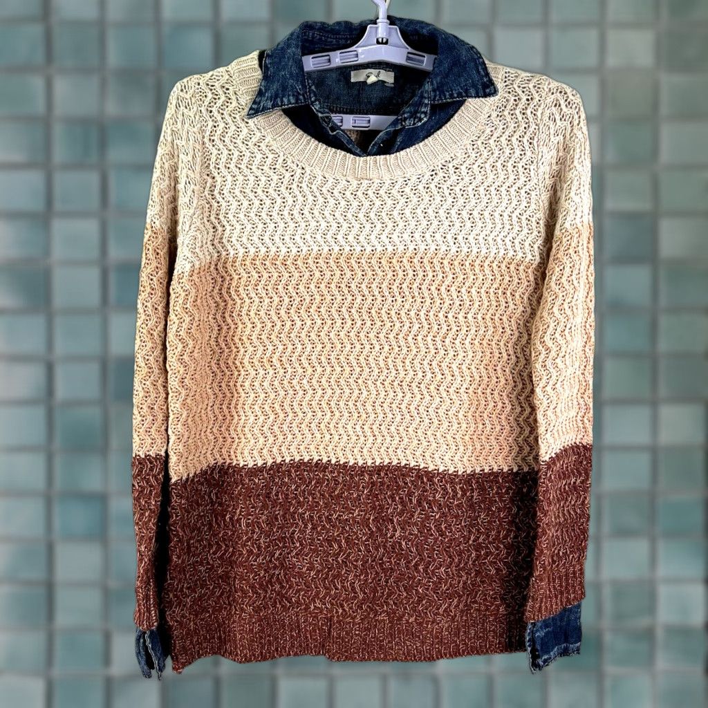 Denime Easel Striped Waffle Knit Sweater Women’s Size S Beige Collared Long Sleeve Relaxed Fit Lightweight Casual 90s Size S / US 4 / IT 40 - 1 Thumbnail