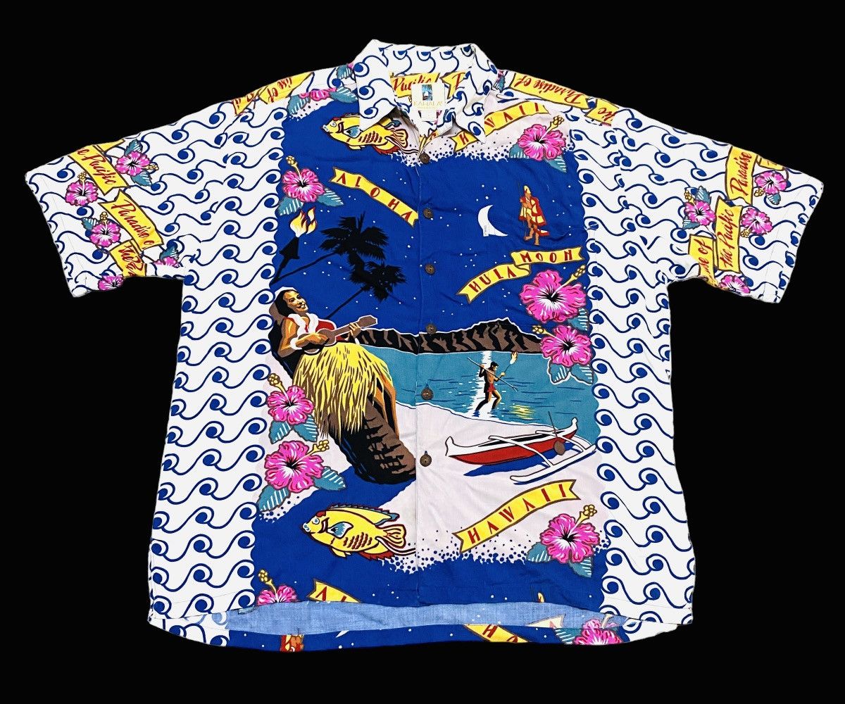 image of Aloha Wear Design Vintage Brand Kahala Hawaiian Rayon Shirt 1990S in Blue White, Men's (Size Large)