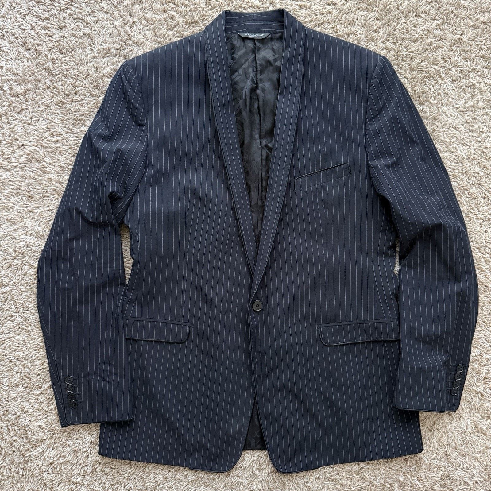 Dolce & Gabbana Dolce & Gabbana Black Cotton Suit Jacket Striped One Button Size 54R - 1 Thumbnail