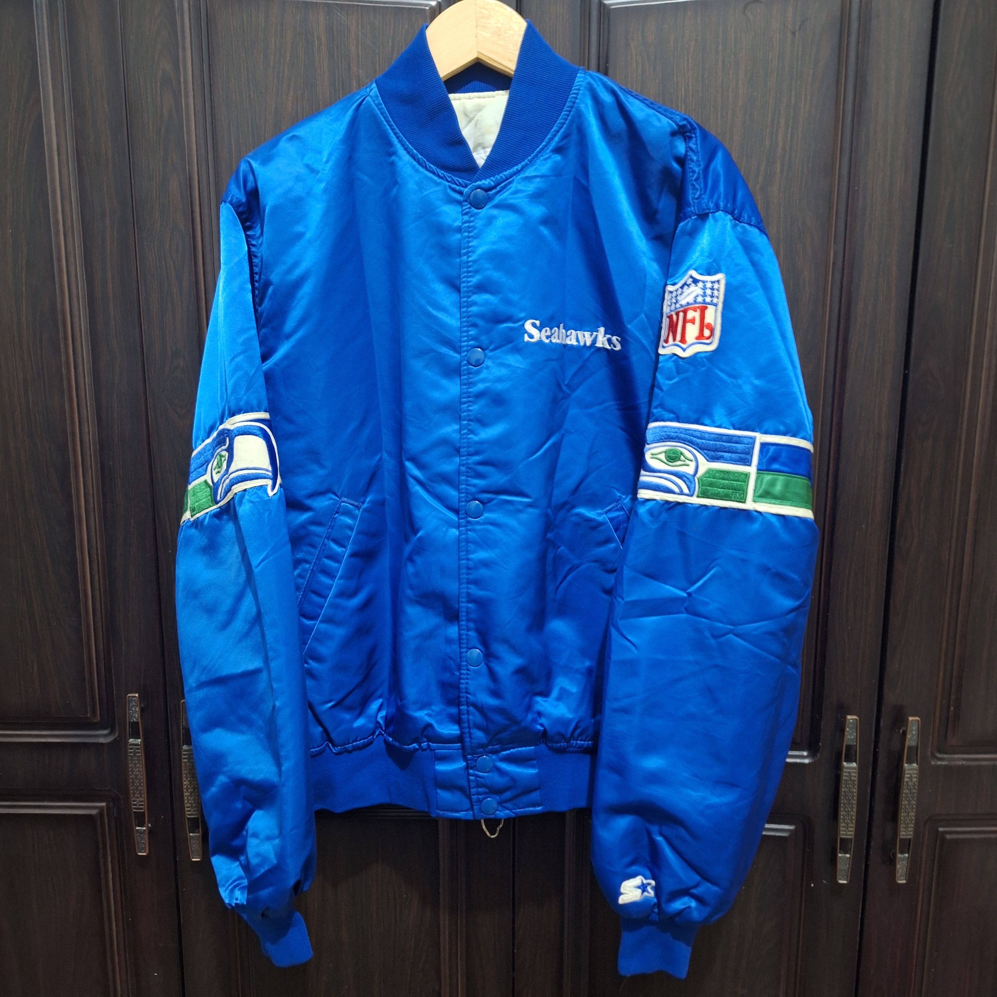 Starter Vintage 1990s Starter Seattle Seahawks Satin Bomber Jacket Size US L / EU 52-54 / 3 - 1 Thumbnail