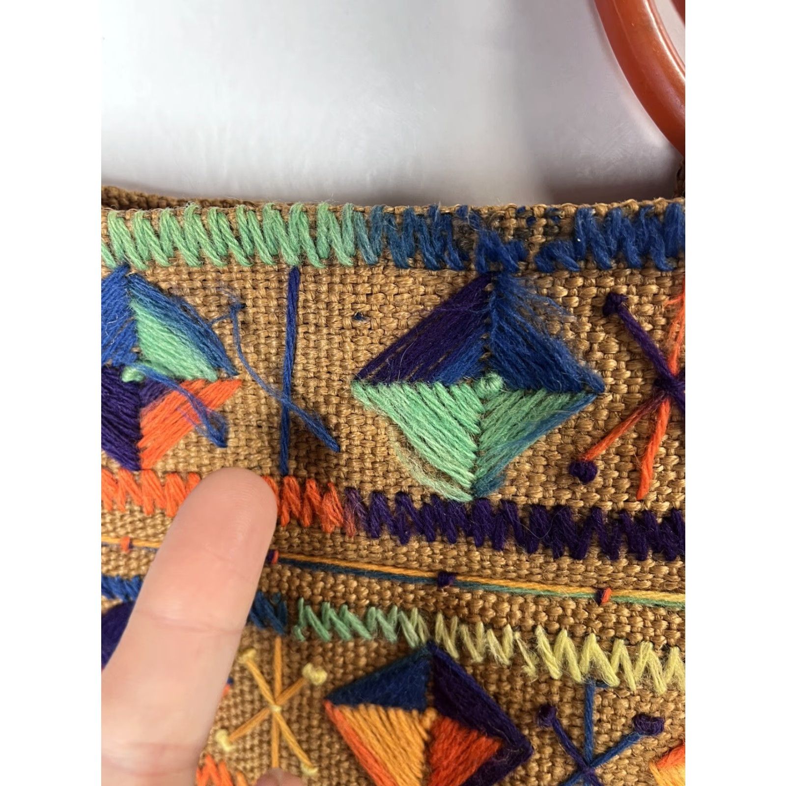 Vintage Vintage 70’s Boho Hippie Purse Bag Embroidered Bakelite Style Handles GUC Size ONE SIZE - 7 Thumbnail