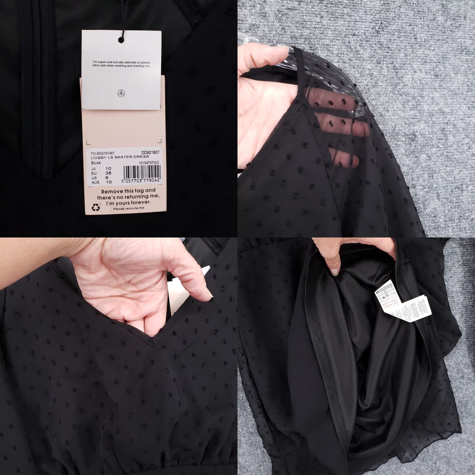 Missguided Missguided Dress Womens 6 Black Dobby Long Sleeve Sheer V Neck Skater Lined Size M / US 6-8 / IT 42-44 - 8 Thumbnail
