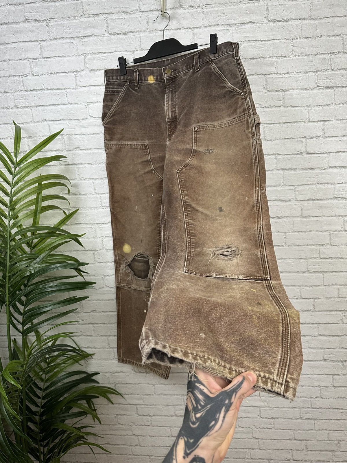 Carhartt (35x31) THRASHED & FADED BROWN Carhartt Double Knee Pants Size US 35 - 1 Thumbnail