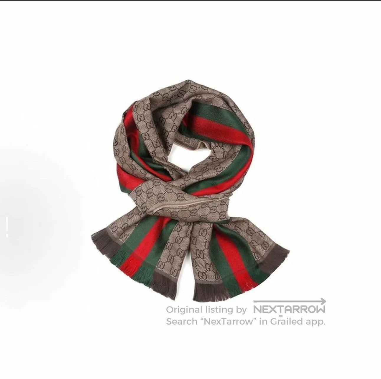 Gucci Guicci Red and Green Striped Monogram Printed Scarf| Size ONE SIZE - 3 Thumbnail