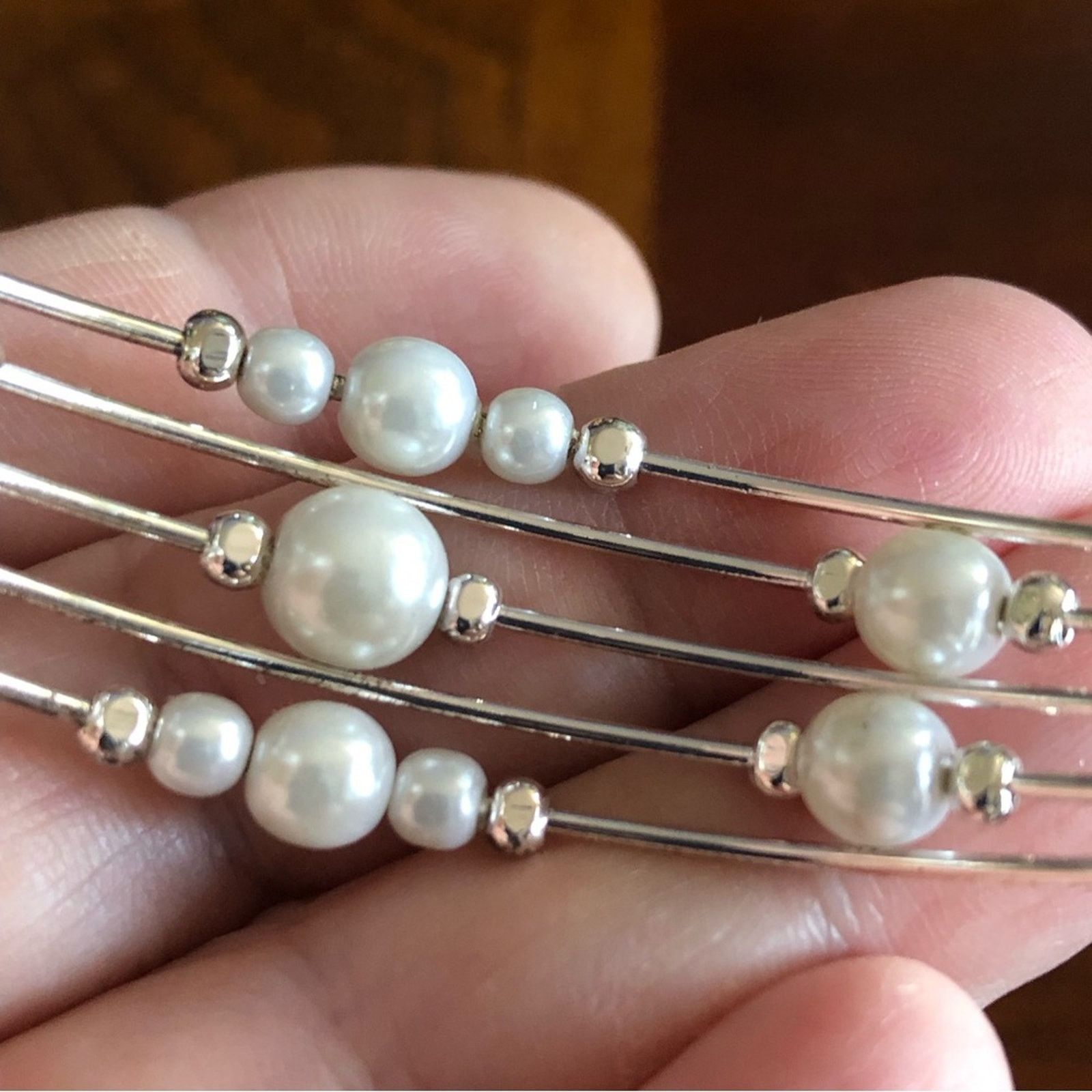 Jewelry Silver plated multi strand wired faux Pearl cuff bracelet Size ONE SIZE - 2 Thumbnail