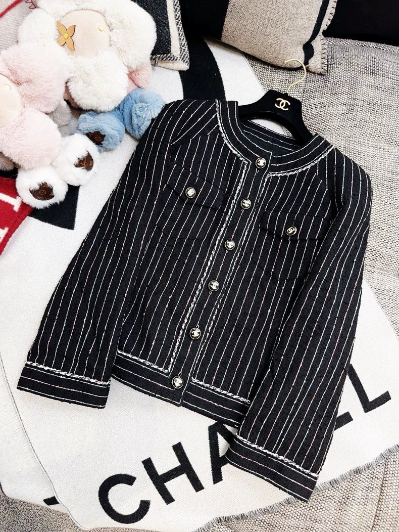 Chanel 23P Black Striped Round Collar Jacket- dmc
