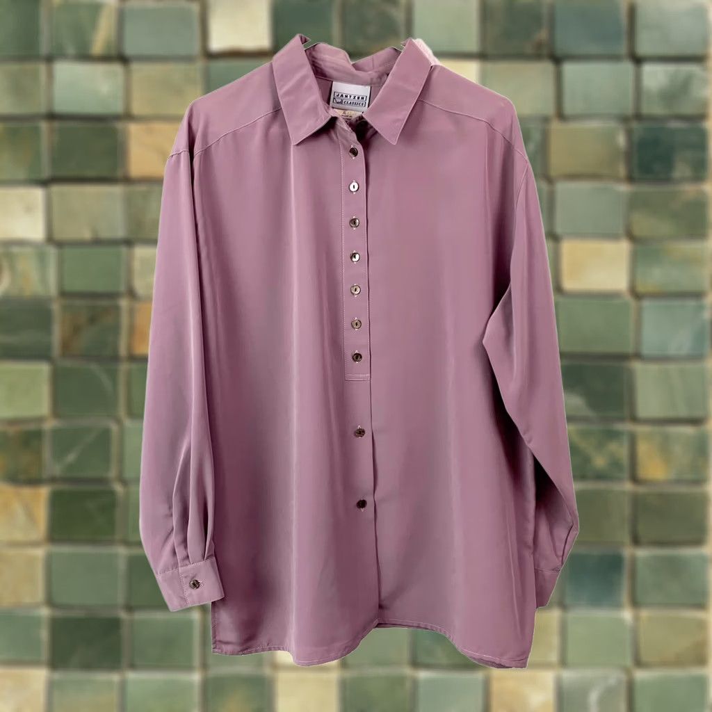 Jantzen VINTAGE Jantzen Blouse Shirt Purple 16 100% Polyester Long Sleeve Drapey Casual Button Collared Women's Classic Size XXL / US 16-18 / IT 52-54 - 1 Thumbnail