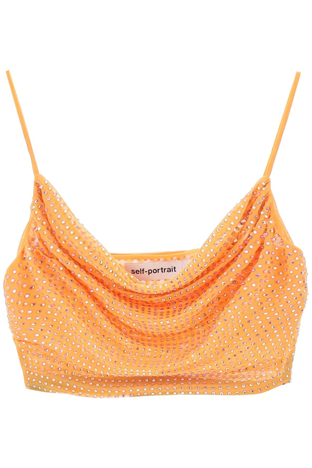 image of Self Portrait Cropped Top In Mesh With Rhinestones All-Over in Arancio, Women's (Size XS)