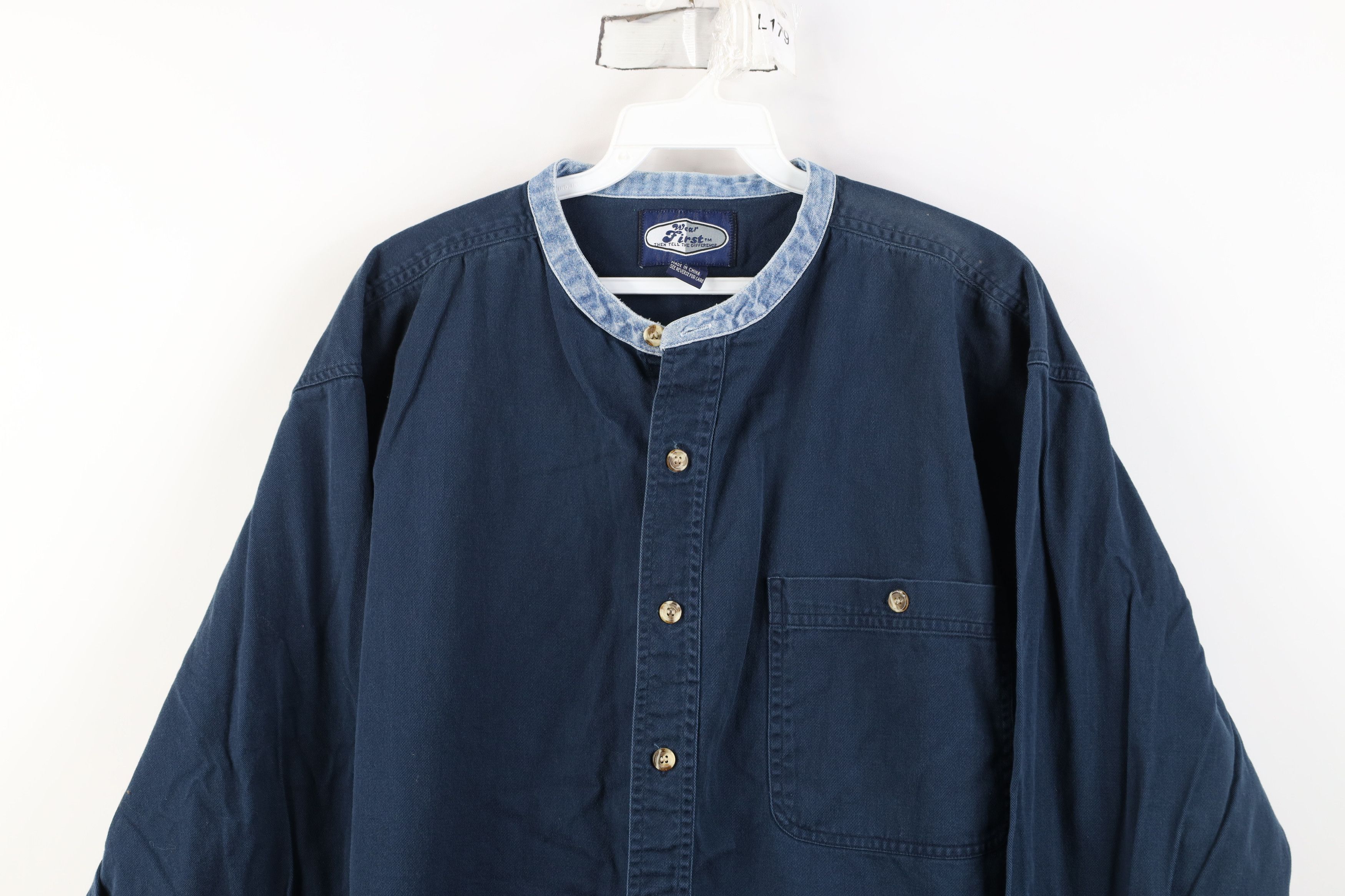 Vintage Vintage 90s Streetwear Twill Denim Band Collar Button Shirt Size US L / EU 52-54 / 3 - 2 Thumbnail