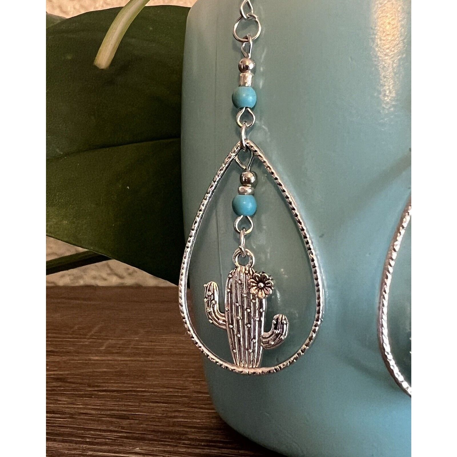 Other Silver Tone Earrings with Turquoise Glass Beads with Cactus Size ONE SIZE - 2 Thumbnail