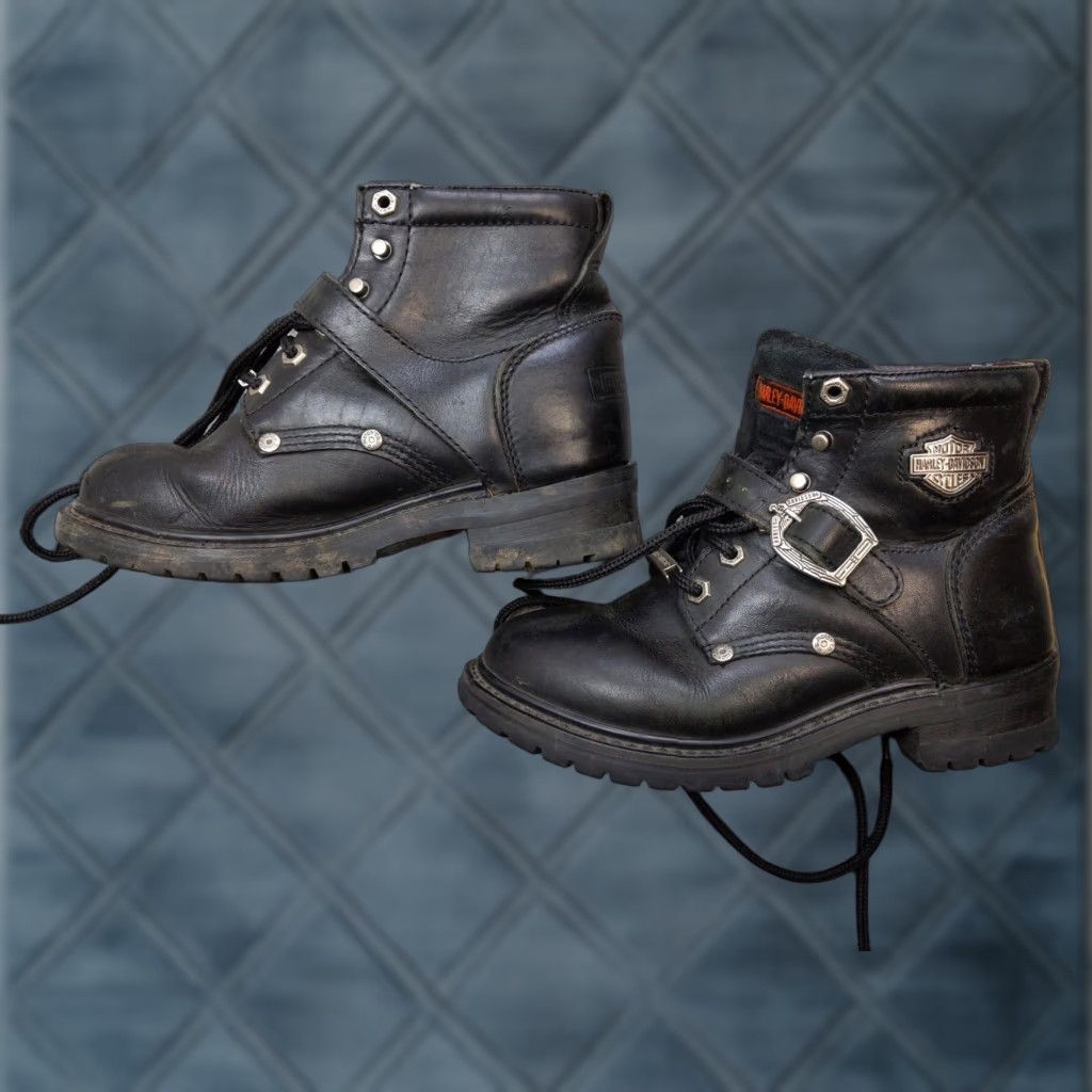 Harley Davidson Harley-Davidson Boots Womens 6.5 Black Leather Ankle Strap Motorcycle Biker Winter Lug Outsole Buckle Lace Up Size US 7 / IT 37 - 1 Thumbnail