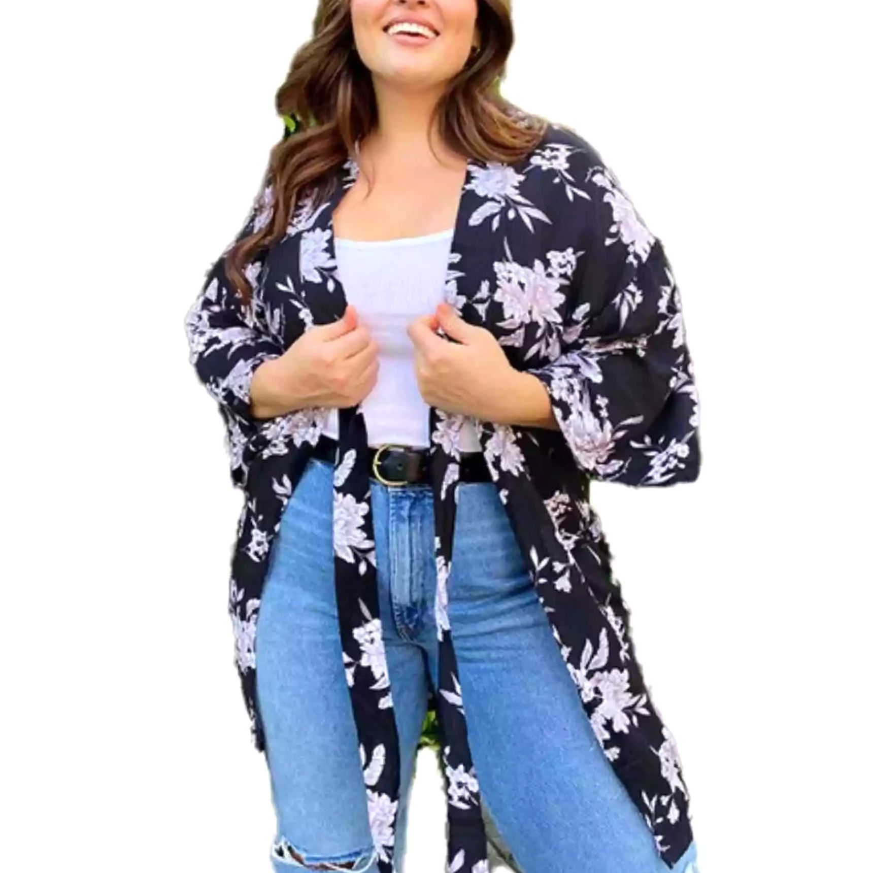 Spiritual Gangster Spiritual Gangster Black Floral Maya Kimono Womens OS Front Tie Pockets Cardigan Casual Beach Bohemian Lightweight Rayon Size ONE SIZE - 2 Thumbnail