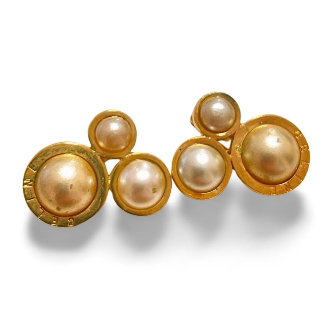 Celine Vintage Celine golden 3 round frame faux pearl earrings Size ONE SIZE - 2 Thumbnail