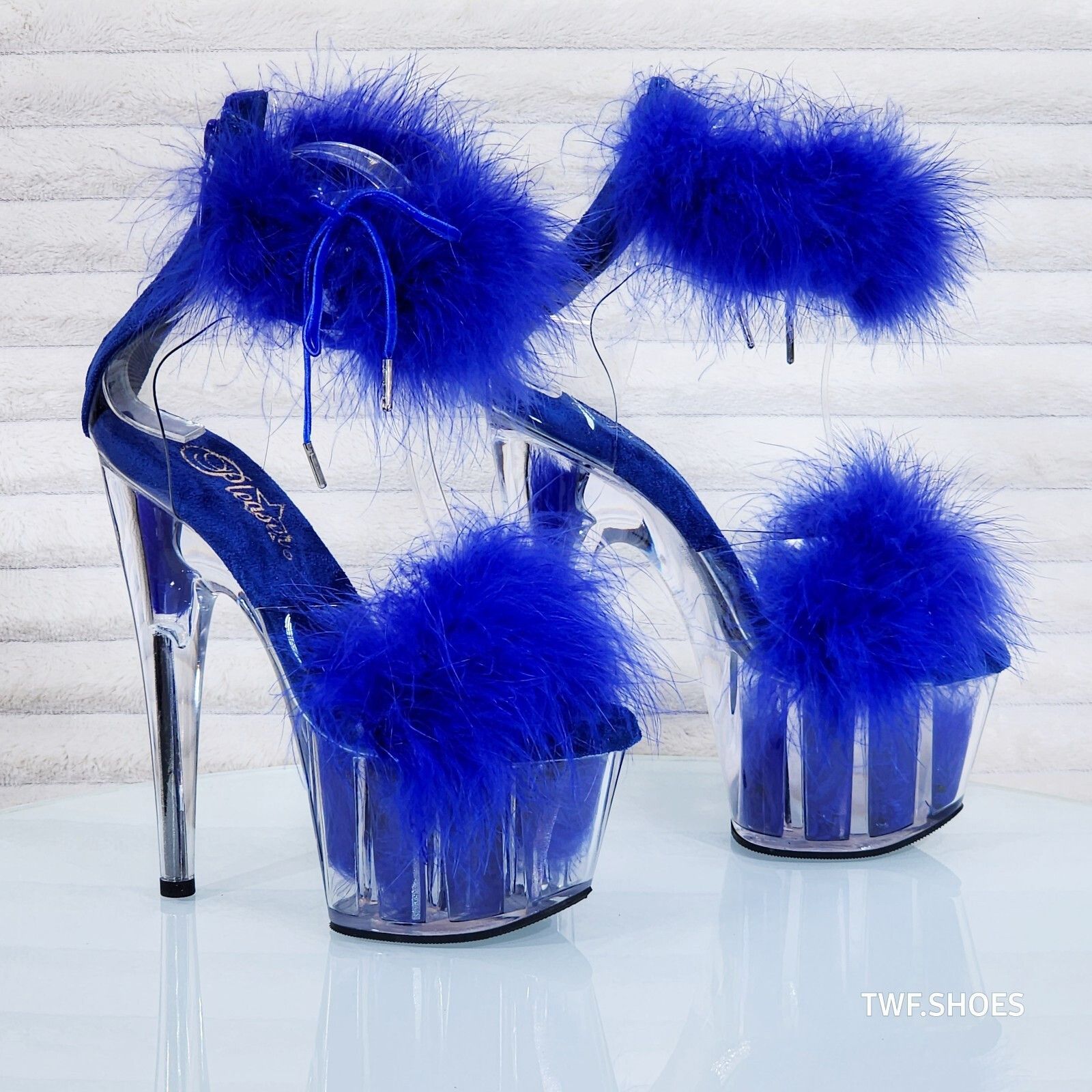 Other Adore 724 Brilliant Blue Marabou Platform Shoes Sandals 7" H Size US 12 / IT 42 - 4 Thumbnail