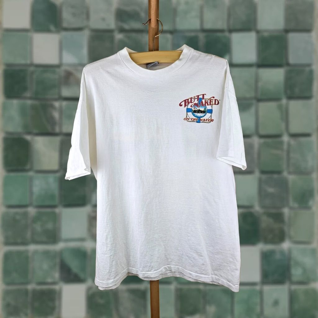 Vintage VINTAGE 90s BUTT NAKED ON THE WATER T-SHIRT White Cotton Single Stitch SZ XXL Mens Size US XXL / EU 58 / 5 - 1 Thumbnail