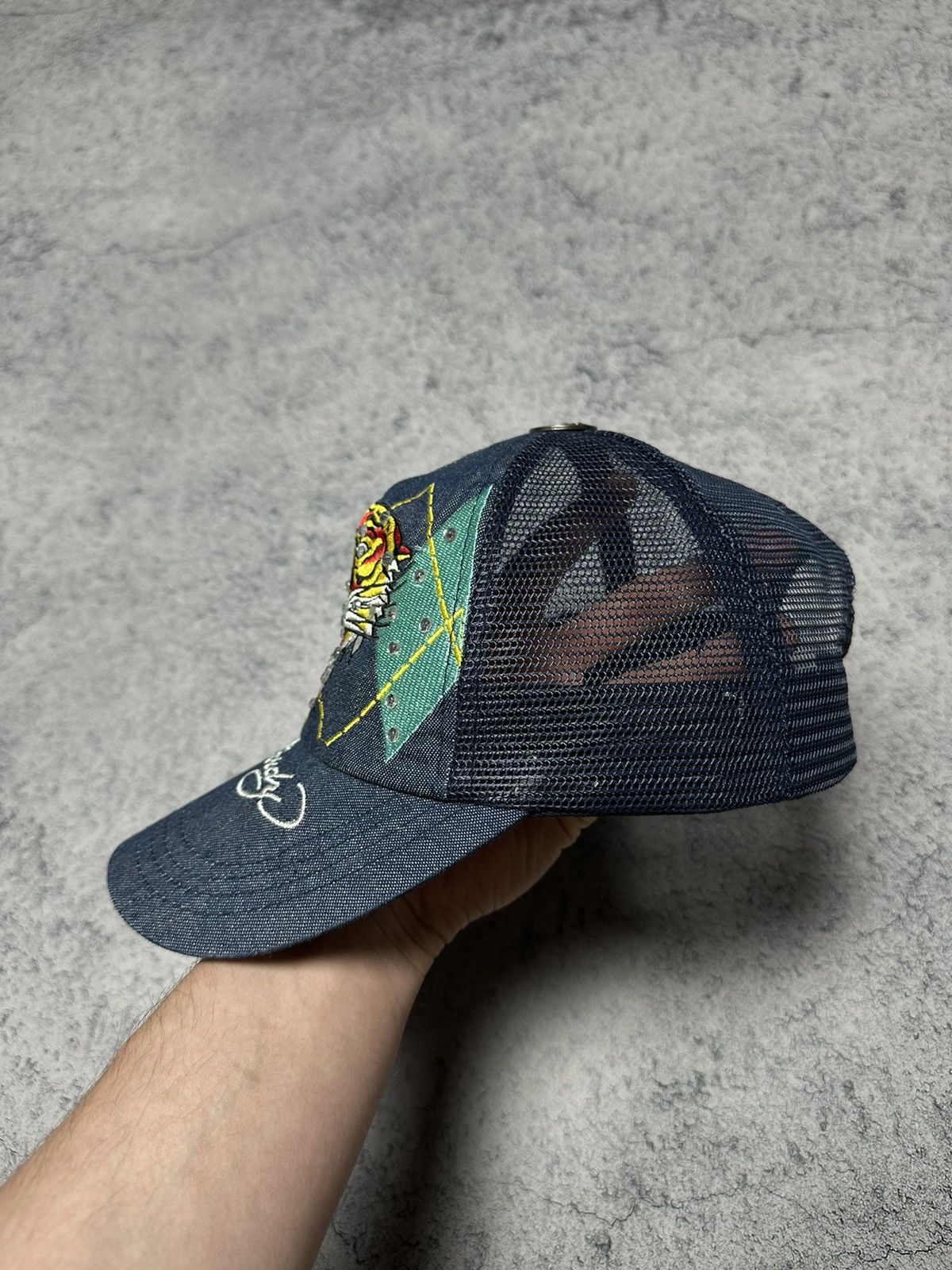 Ed Hardy Vintage Ed Hardy Tiger Logo Denim Rhinestones Trucker Cap Size ONE SIZE - 5 Thumbnail
