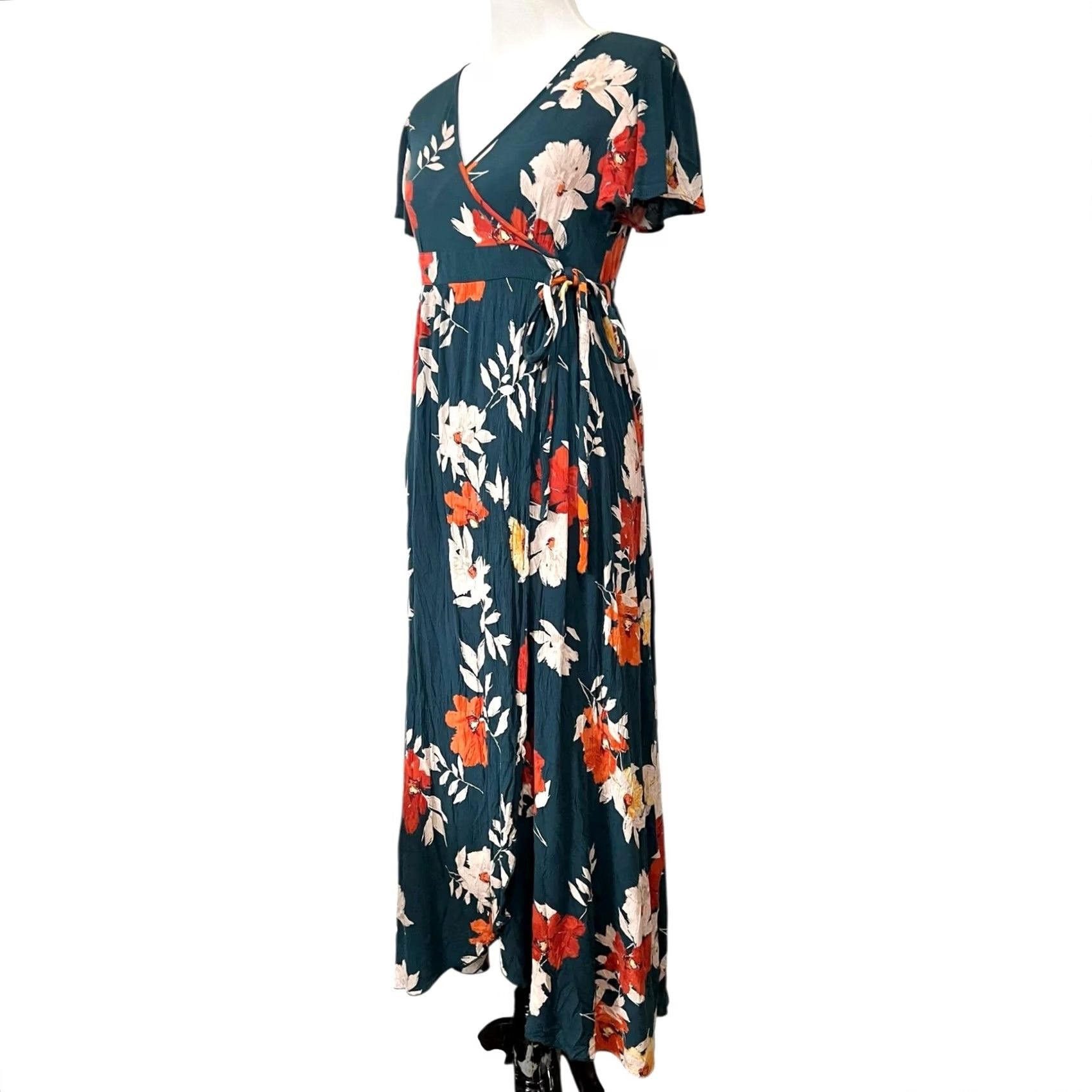 Pinko Patrons of Peace Dress Floral Maxi Faux Wrap Green Pink Short Sleeve V-Neck Sz M Size 32" / US 10 / IT 46 - 3 Thumbnail