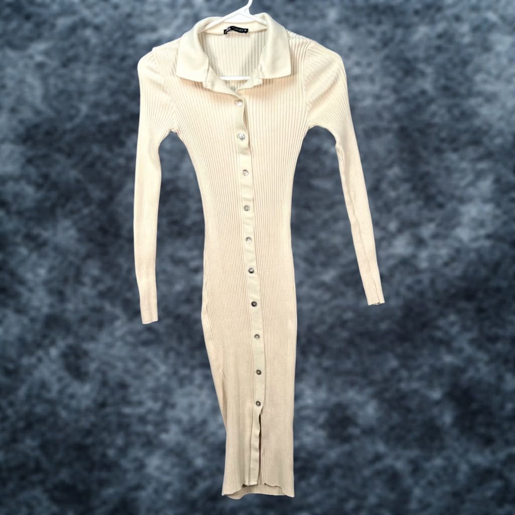 beige knit dress zara Zara Midi Button-Down Collar Long Sleeve Small Bodycon Adult Womens Beige Knit Dress Selected for Casual Spring Summer-Pattern Solid Midi dress made from low back bra extender Slate Blue Bridesmaid Dress Size:MADE TO MEASURE